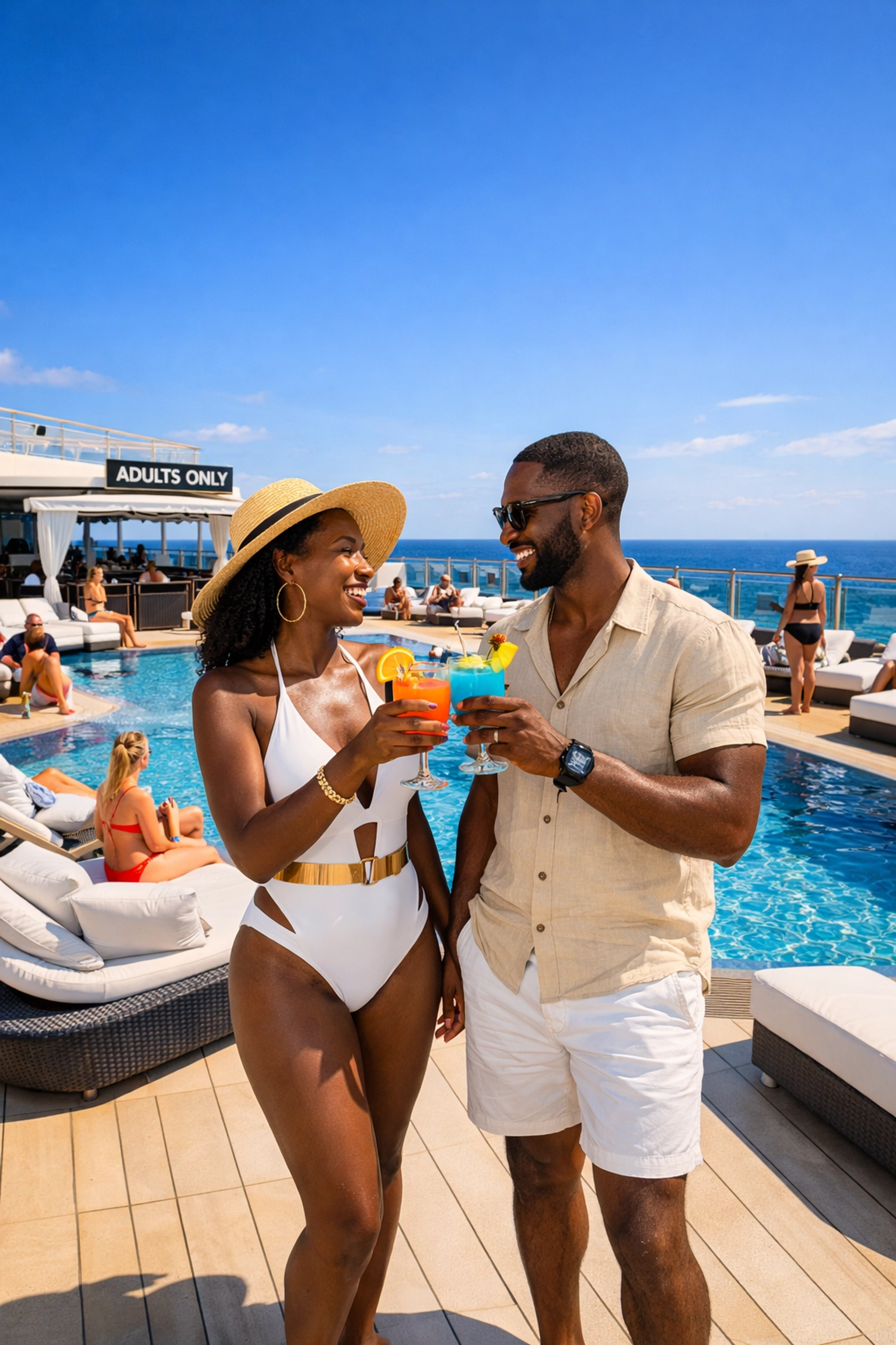 Adults Only travel agent planning a vibrant pool deck experience for a diverse couple.