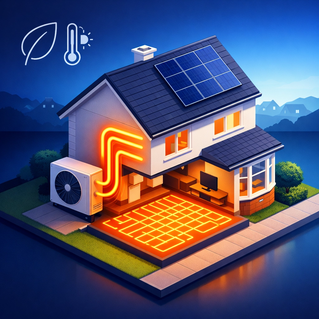 Isometric illustration of a Surrey house featuring an air source heat pump and underfloor heating.