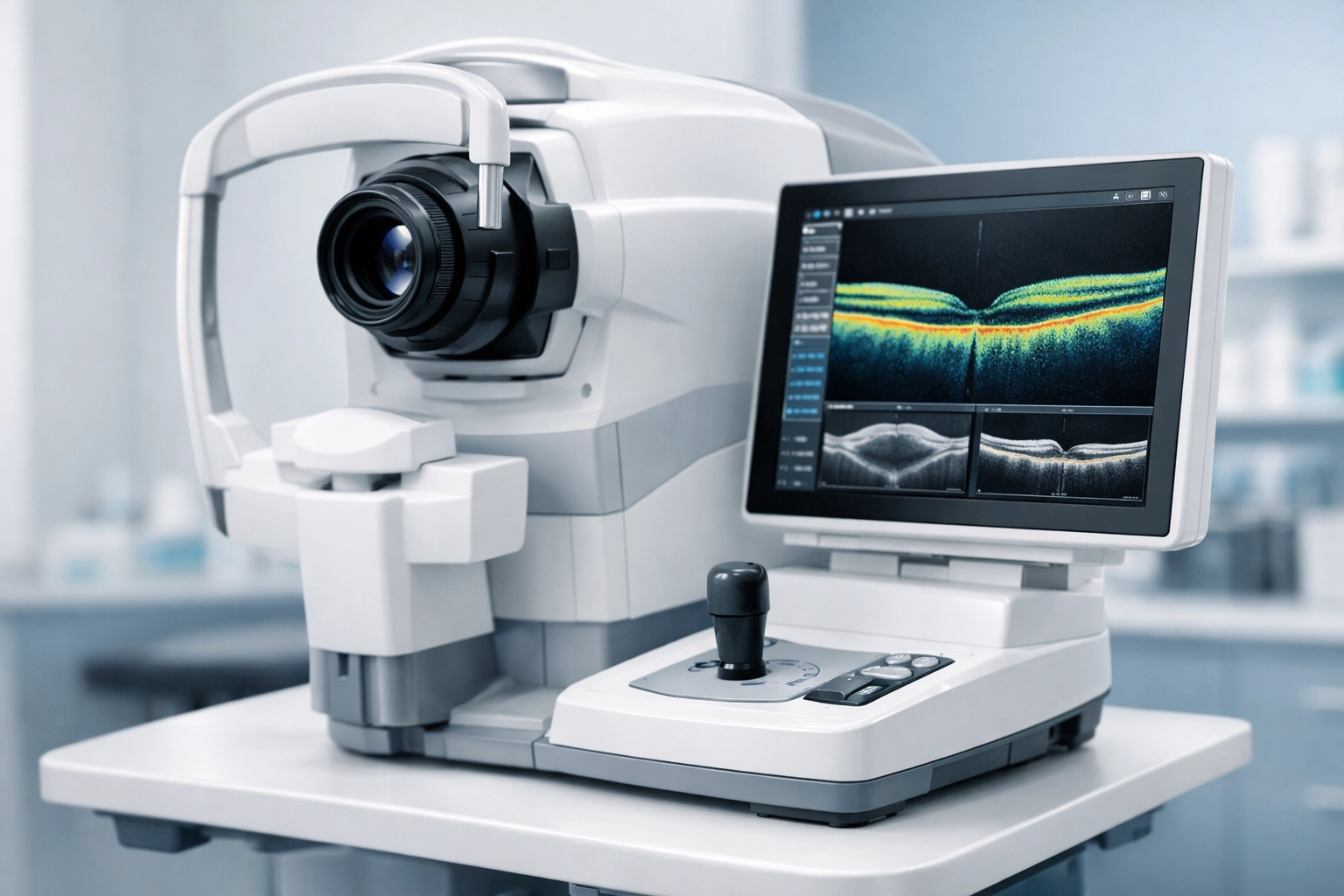 Advanced OCT machine in a modern optometry suite for high-tech diagnostic imaging services.