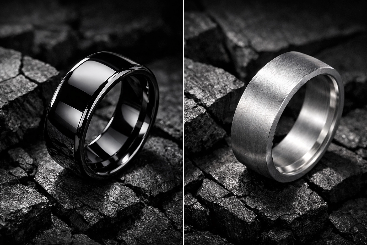 Comparison of polished tungsten and brushed titanium rings for men showing durable metallic finishes.