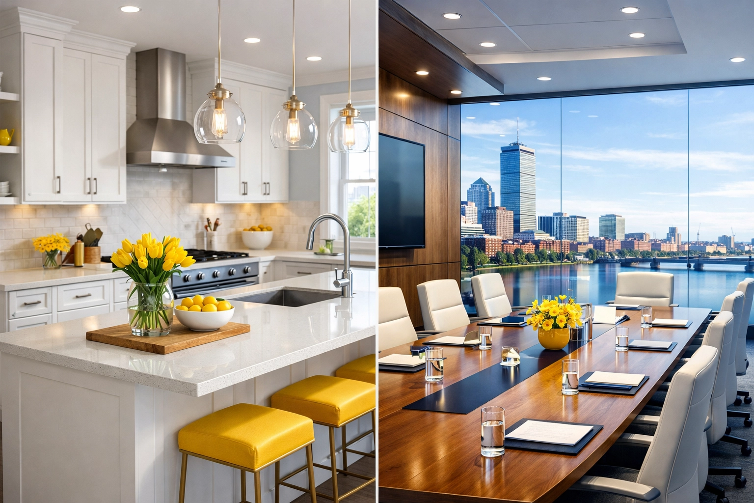 Comparison of a clean home kitchen and office space highlighting commercial cleaning Boston and janitorial services.