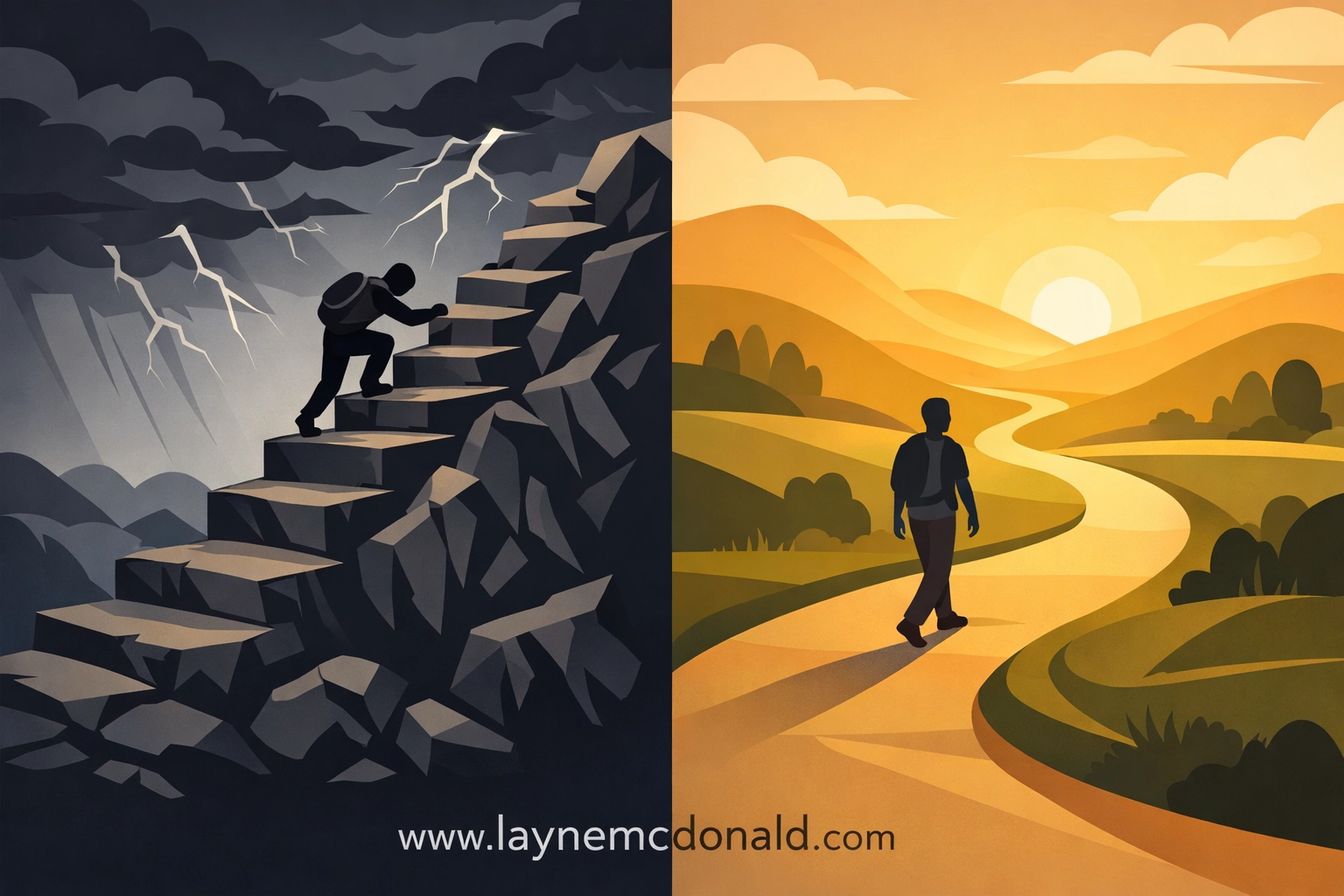 Two contrasting spiritual paths: one struggling uphill, one walking peacefully through light