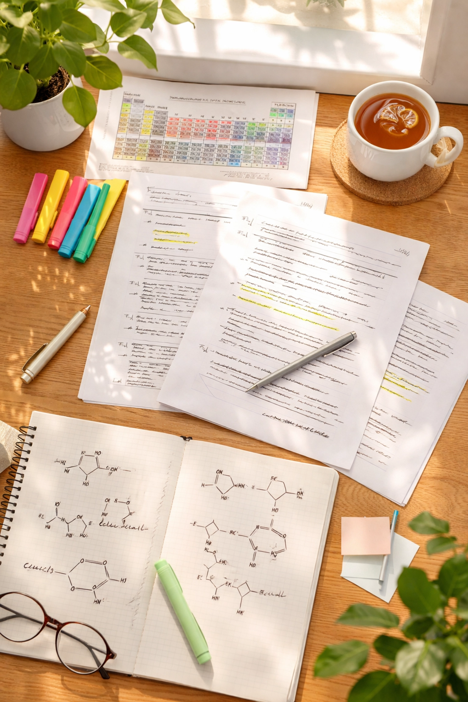 Student desk with chemistry past papers, open notebook, and study materials for Chemistry Olympiad preparation