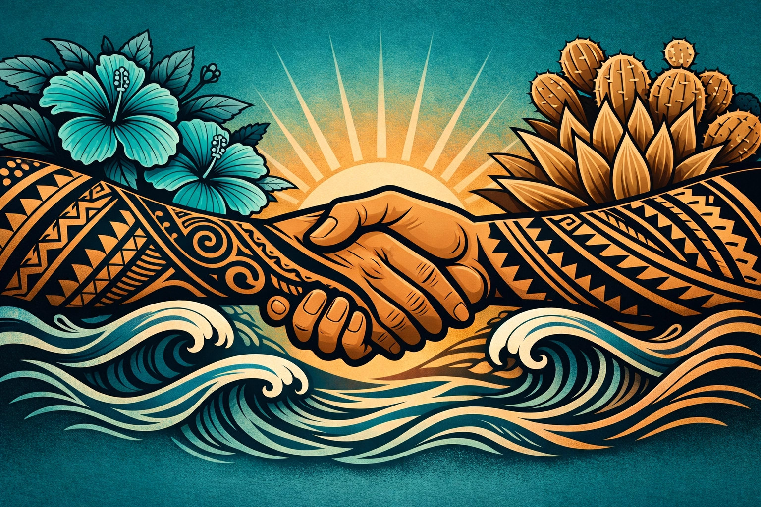 Tattooed hands greeting over tropical flowers, symbolizing the Pacific Islander spirit at Talofa Fest.