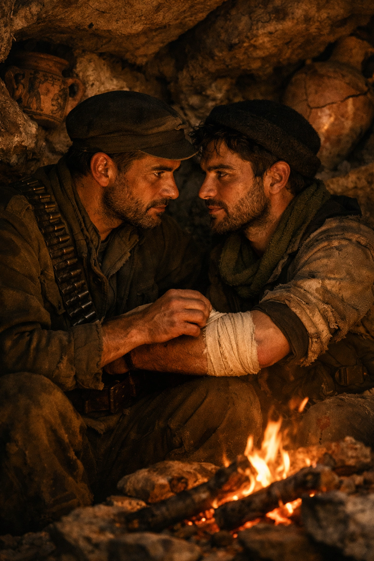 Two male resistance fighters share intimate moment in Greek mountain hideout during WWII