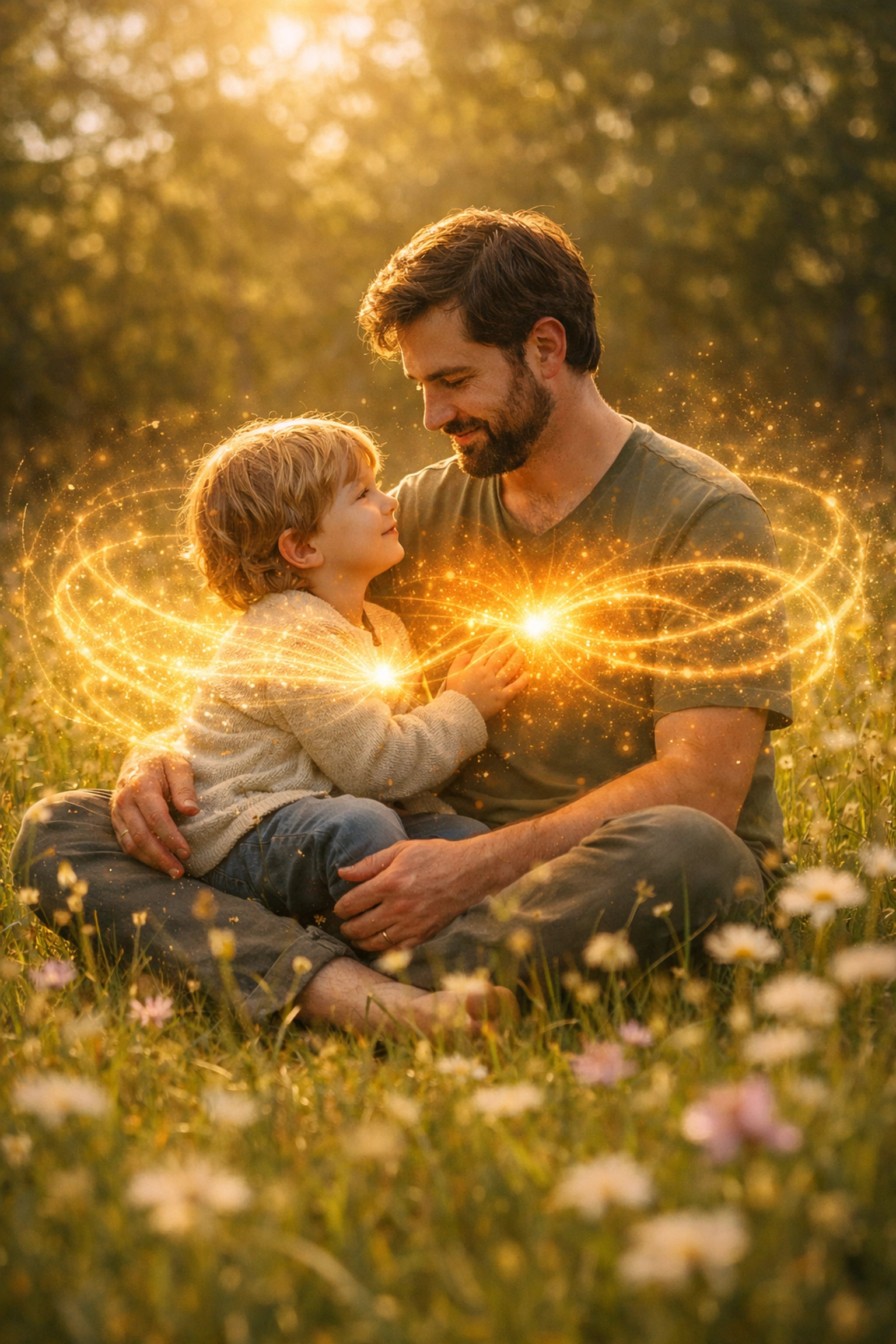 A father and child connected by glowing light, showing how co-regulation helps you be a better parent.