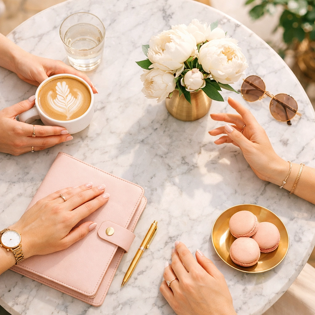 Women in business networking over coffee and a planner at an intimate gathering in a bright UK cafe.