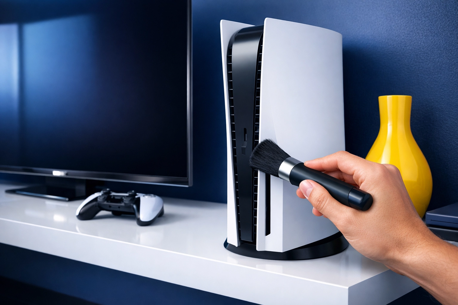 Hand using a soft cleaning brush to remove dust from electronics in a modern home entertainment center.