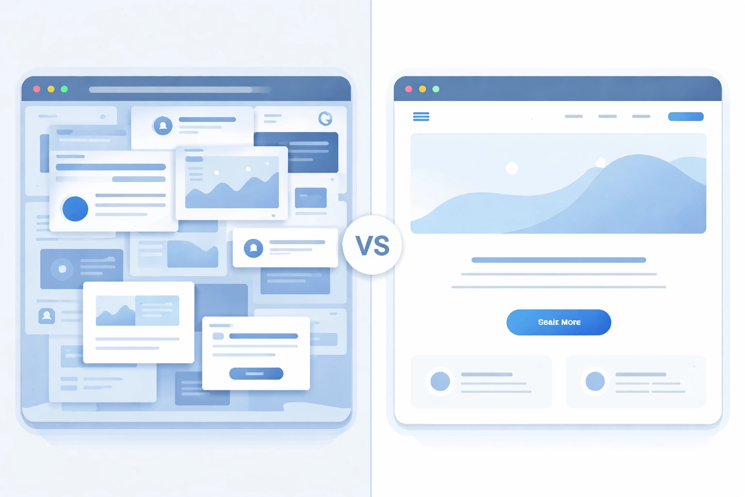 Side-by-side comparison of cluttered vs minimalist homepage layouts demonstrating effective whitespace use
