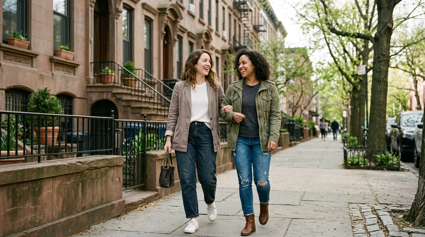 Two friends walking through a neighborhood