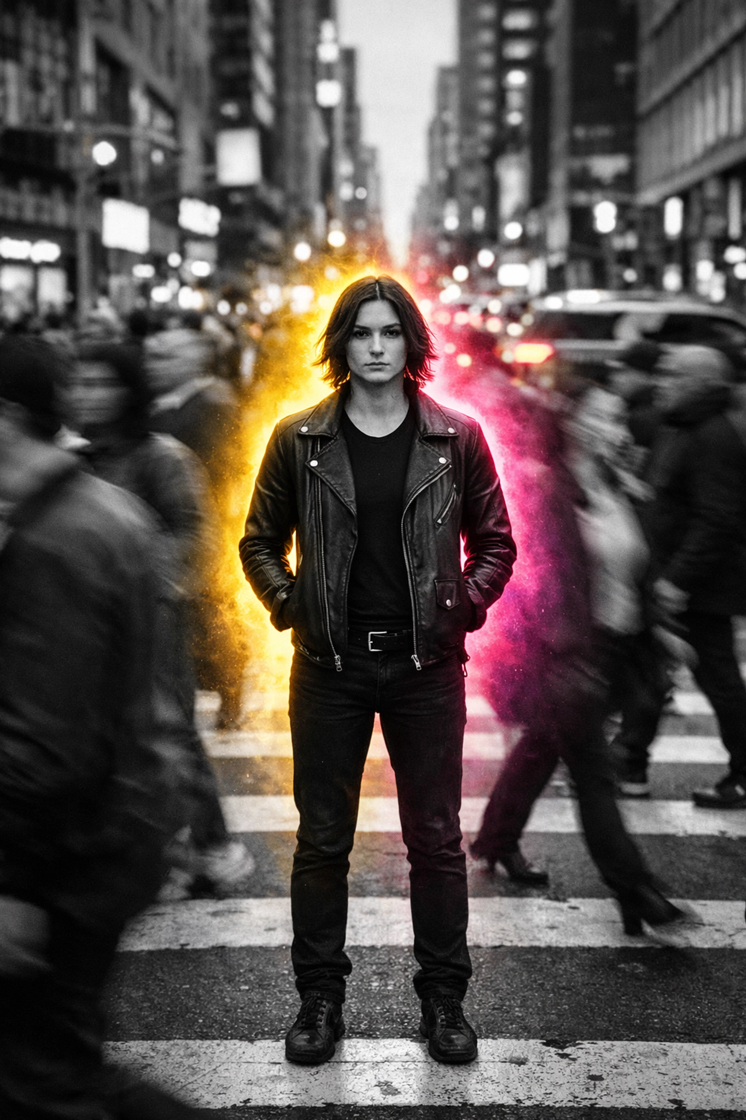 Person maintaining grace and intentional energy amid busy urban intersection