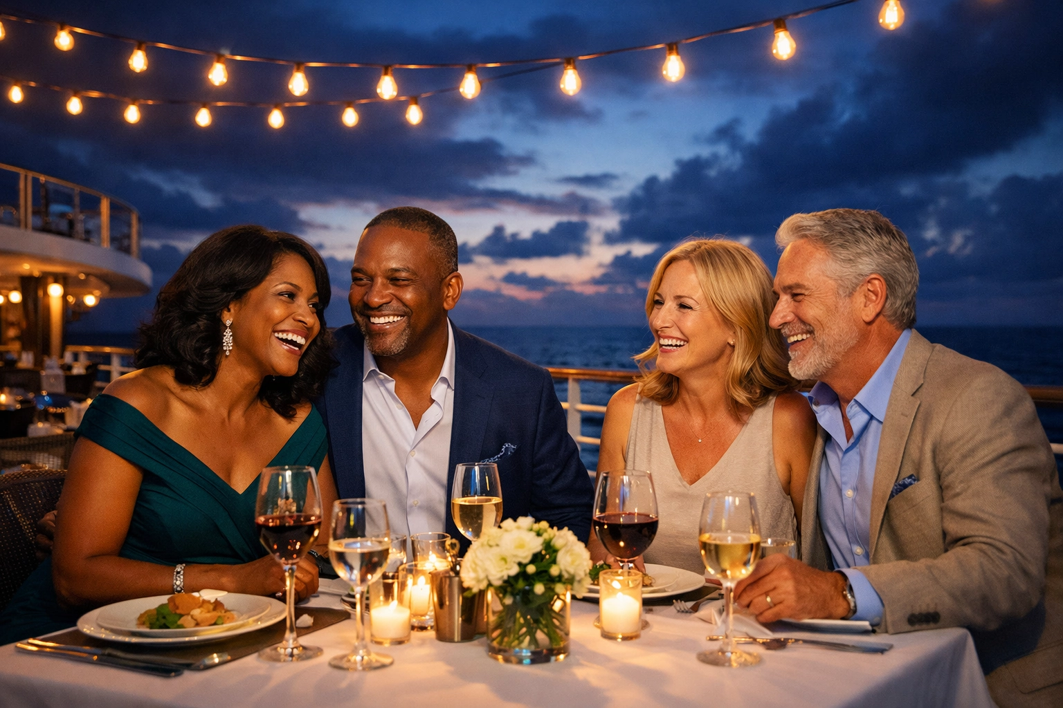 Guests enjoying luxury cruise dining experience on ship deck at twilight