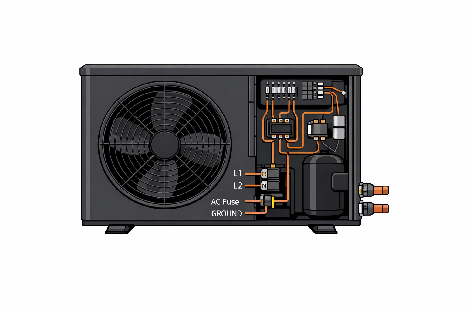 Wärmepumpe Außeneinheit mit elektrischen Anschlüssen und Komponenten für Reparatur Wien