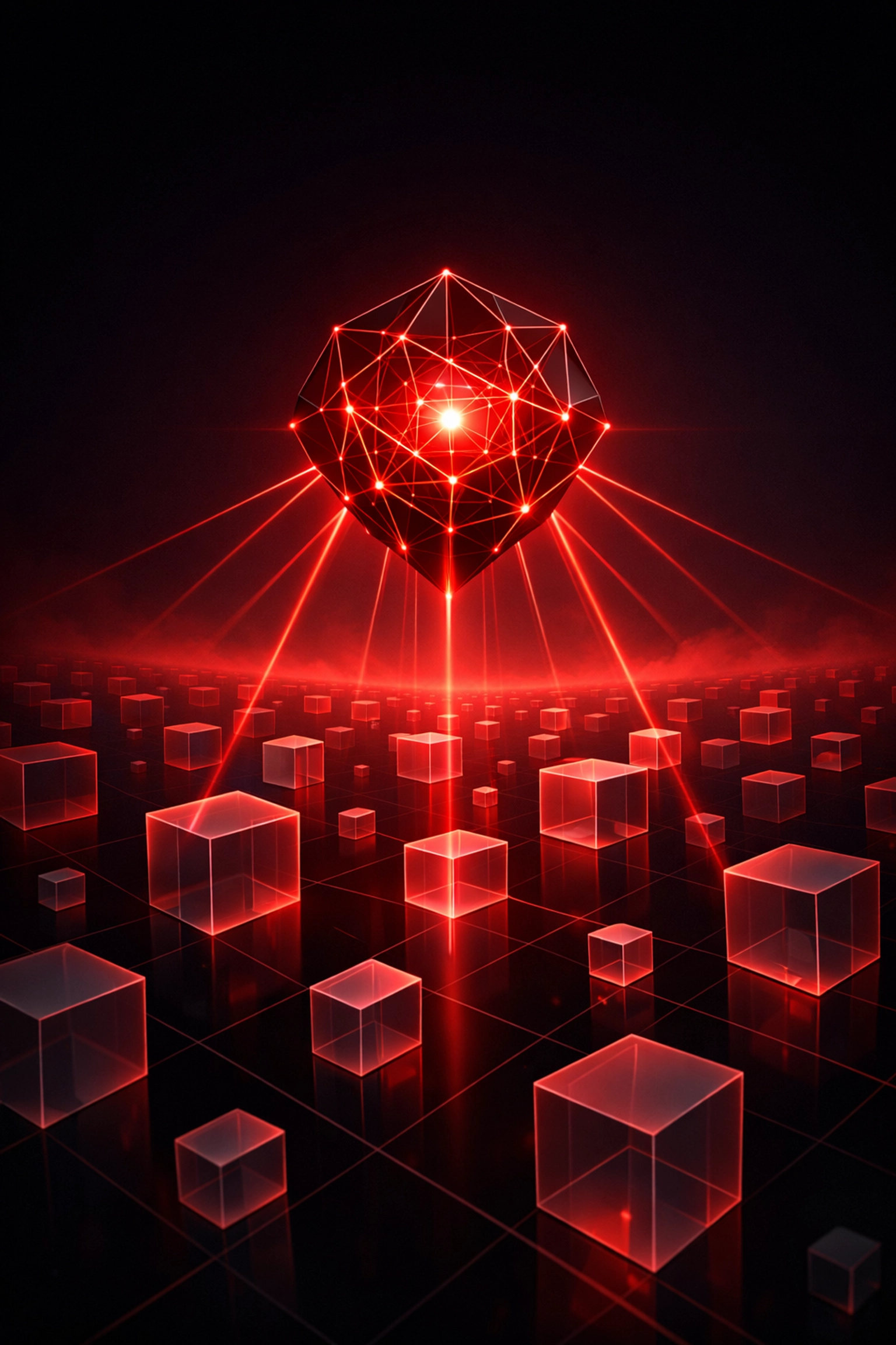 Digital agent core scanning data cubes representing AI shopping agents and agentic commerce optimization.