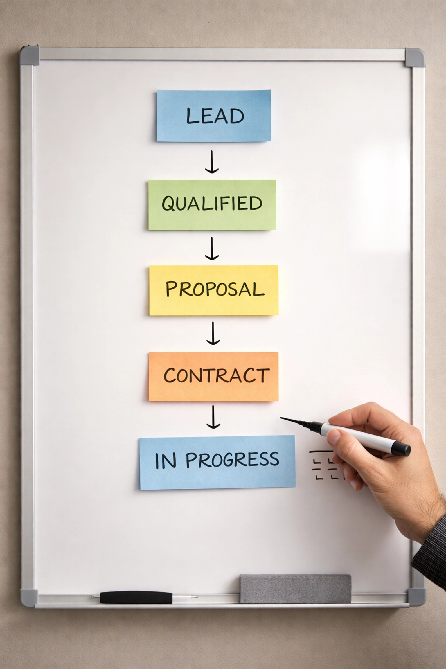 Whiteboard with colorful pipeline stages flowchart outlining roofing workflow planning