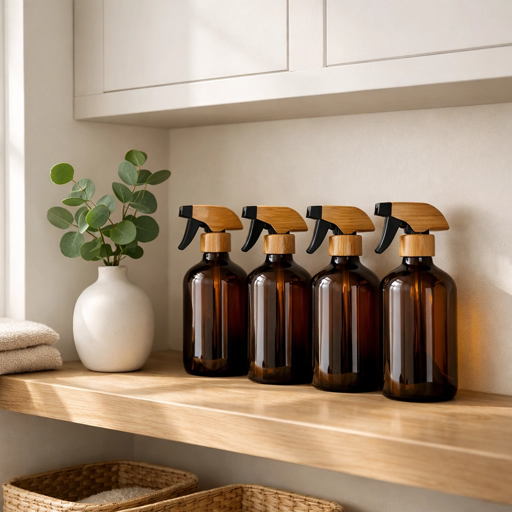 Minimalist laundry shelf with eco-friendly amber glass spray bottles and natural eucalyptus.