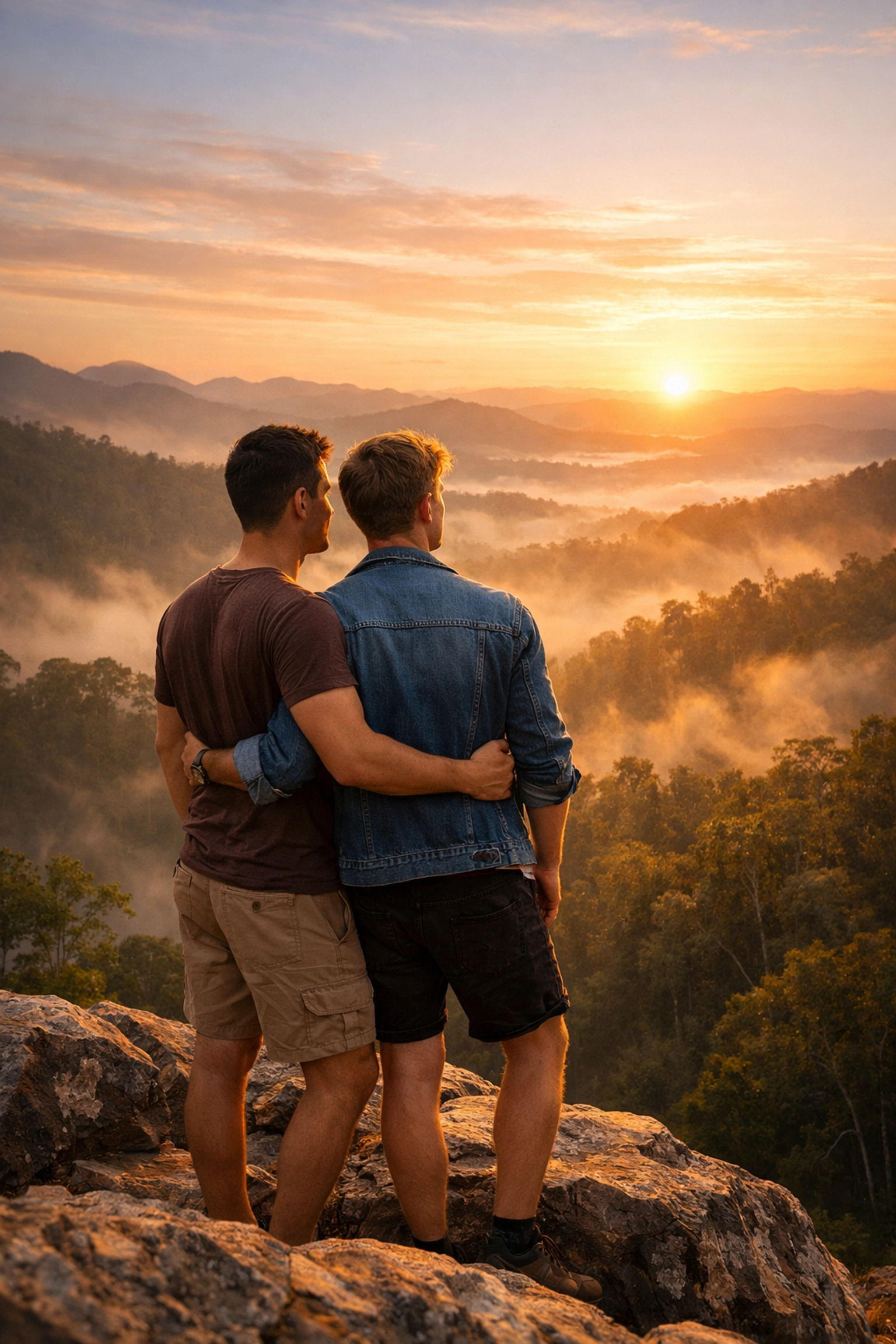 Two gay men embracing on a cliff at sunrise, representing queer ecology and natural social bonding.
