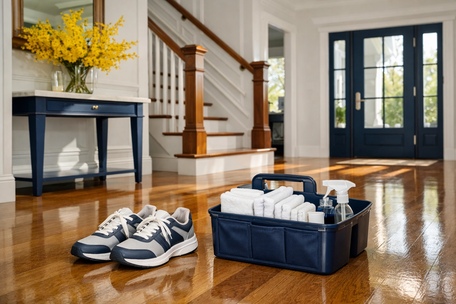 Professional cleaners in Stow MA equipment caddy in a sun-drenched residential foyer.