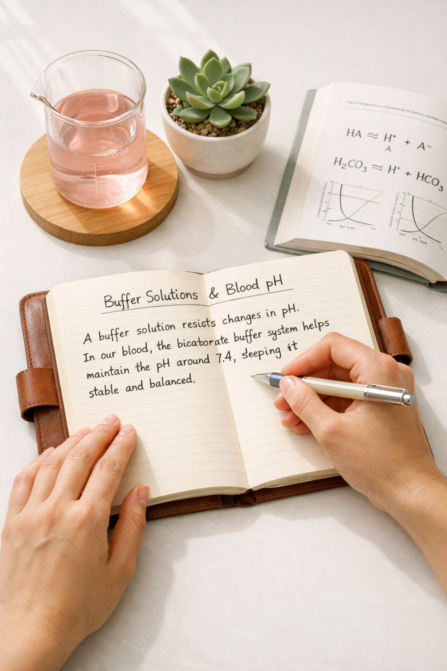 Student writing notes on buffer solutions and blood pH for A-Level chemistry