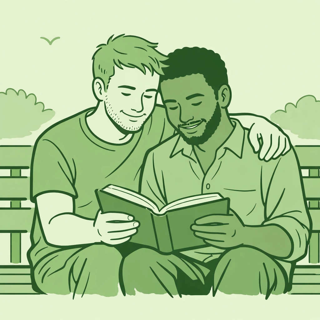 Diverse MM couple sharing a book, highlighting tender representation in gay love stories and LGBTQ+ fiction.