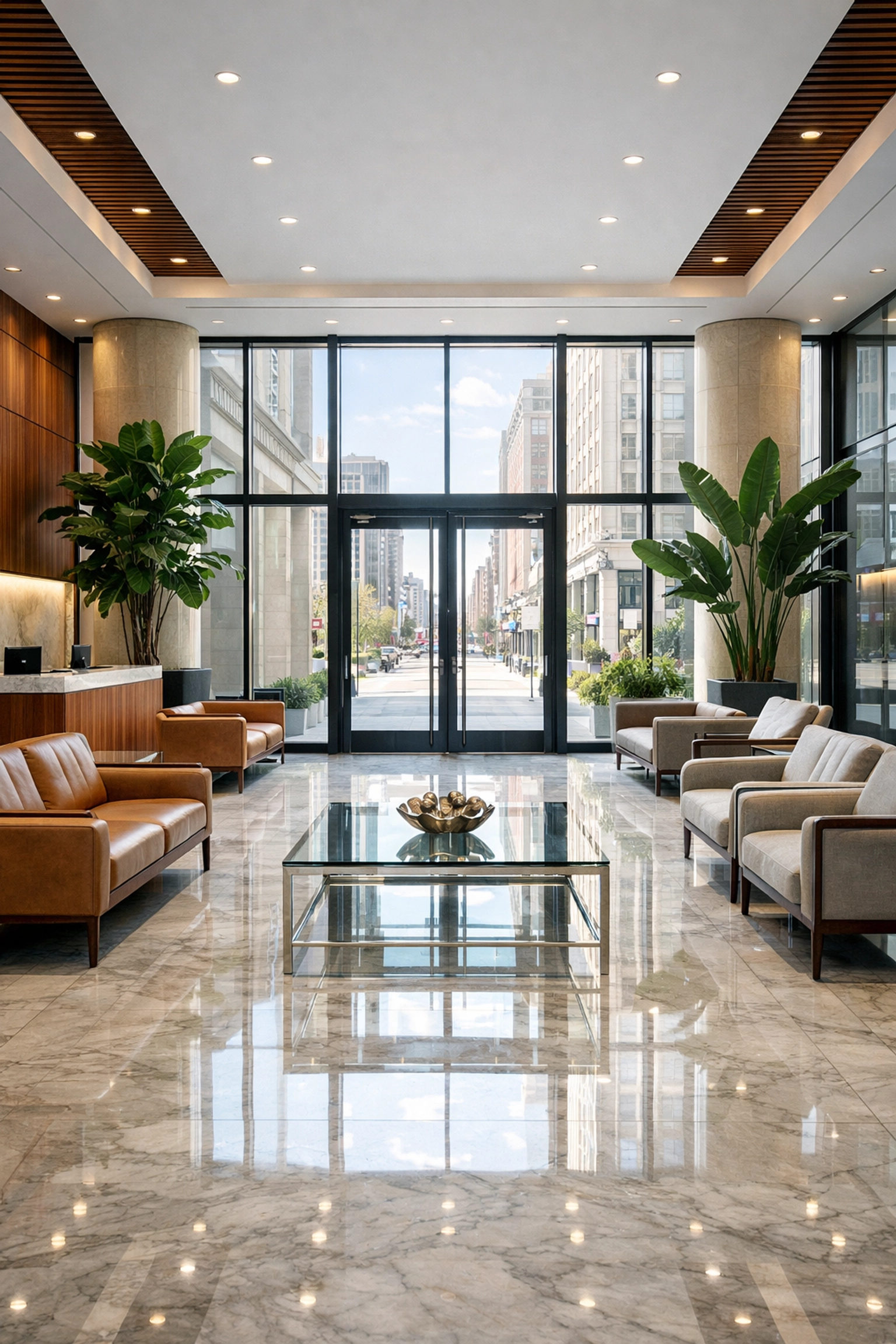 A professional Indianapolis building lobby with polished marble floors maintained by recurring cleaning services.