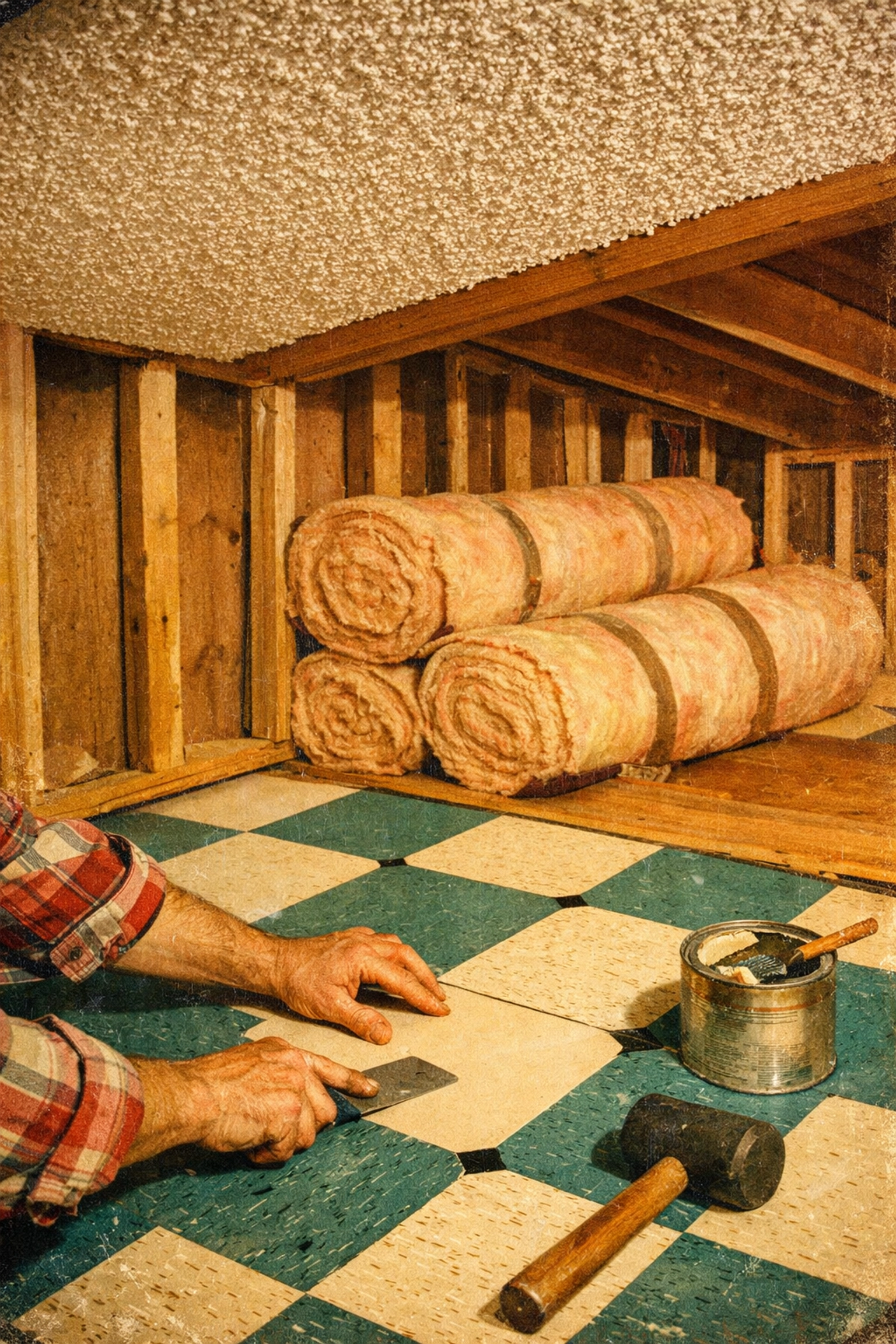 Worker installing mid-century vinyl floor tiles and asbestos popcorn ceiling in a home.