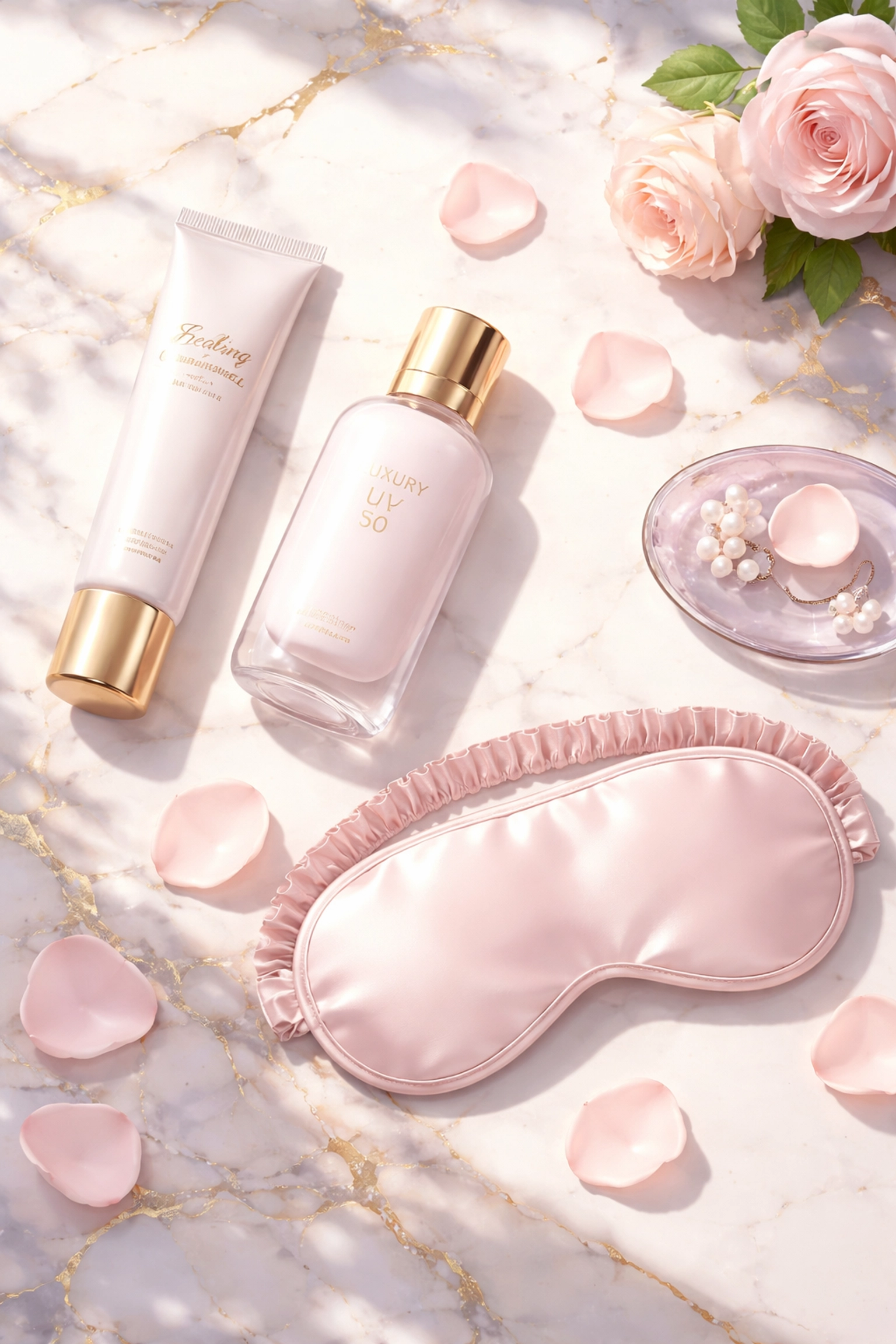 Luxury skincare aftercare essentials arranged on marble, emphasizing proper brow tattoo removal aftercare for best results