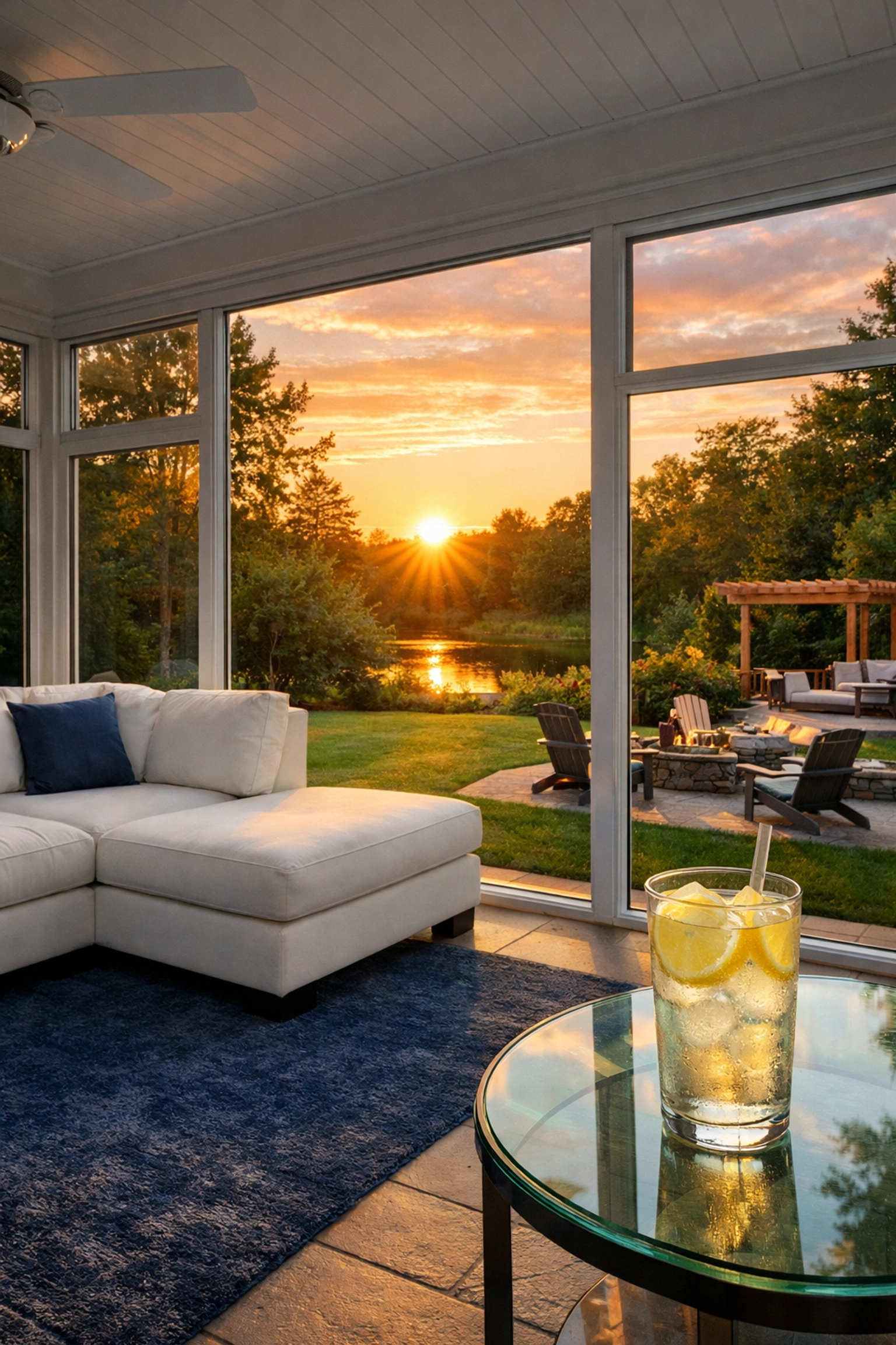 A spotless modern sunroom in Lunenburg showcasing professional house cleaning services for a summer retreat.