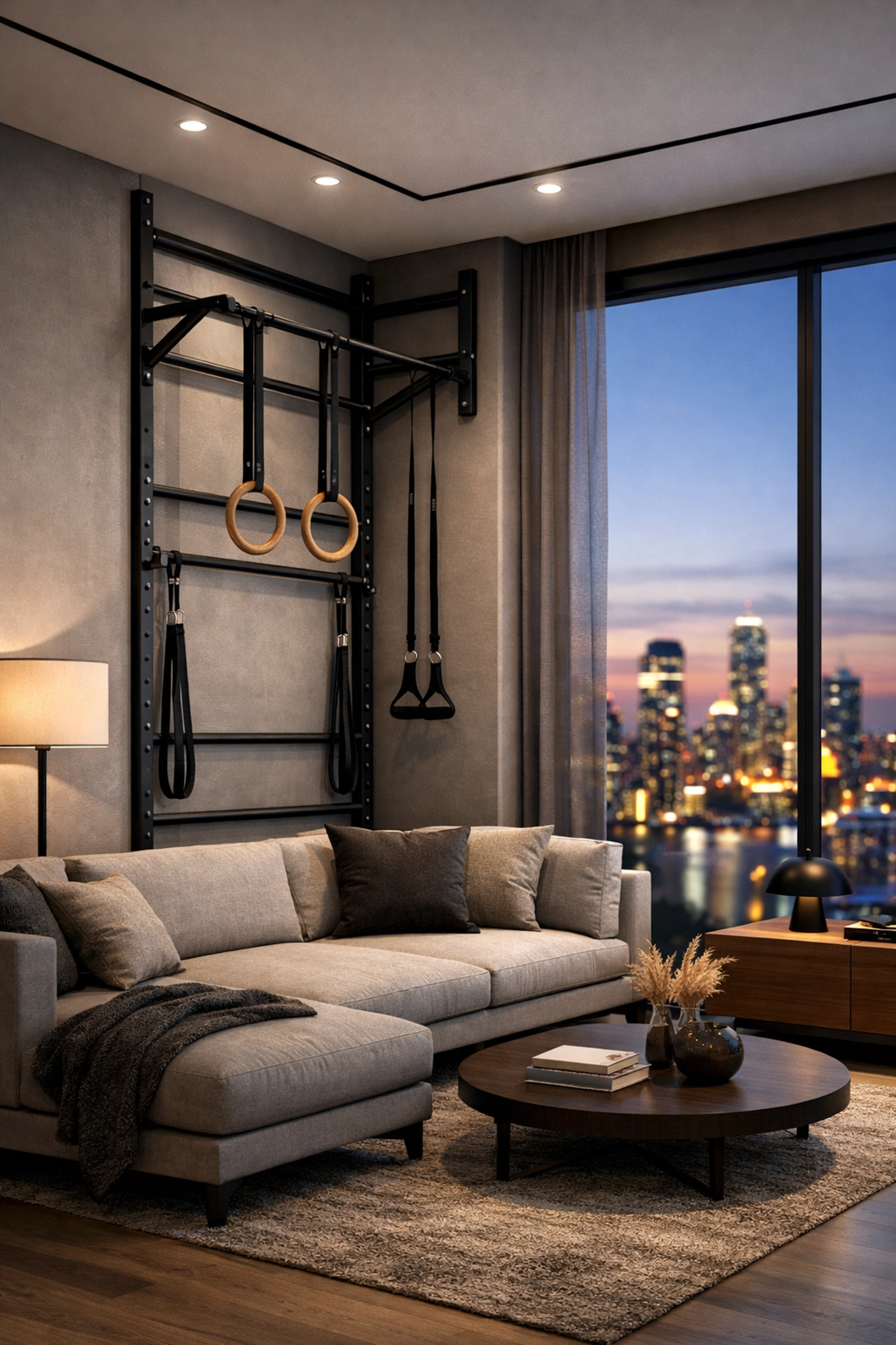 Modern floor to ceiling gym system in a minimalist living room for a versatile home gym setup.