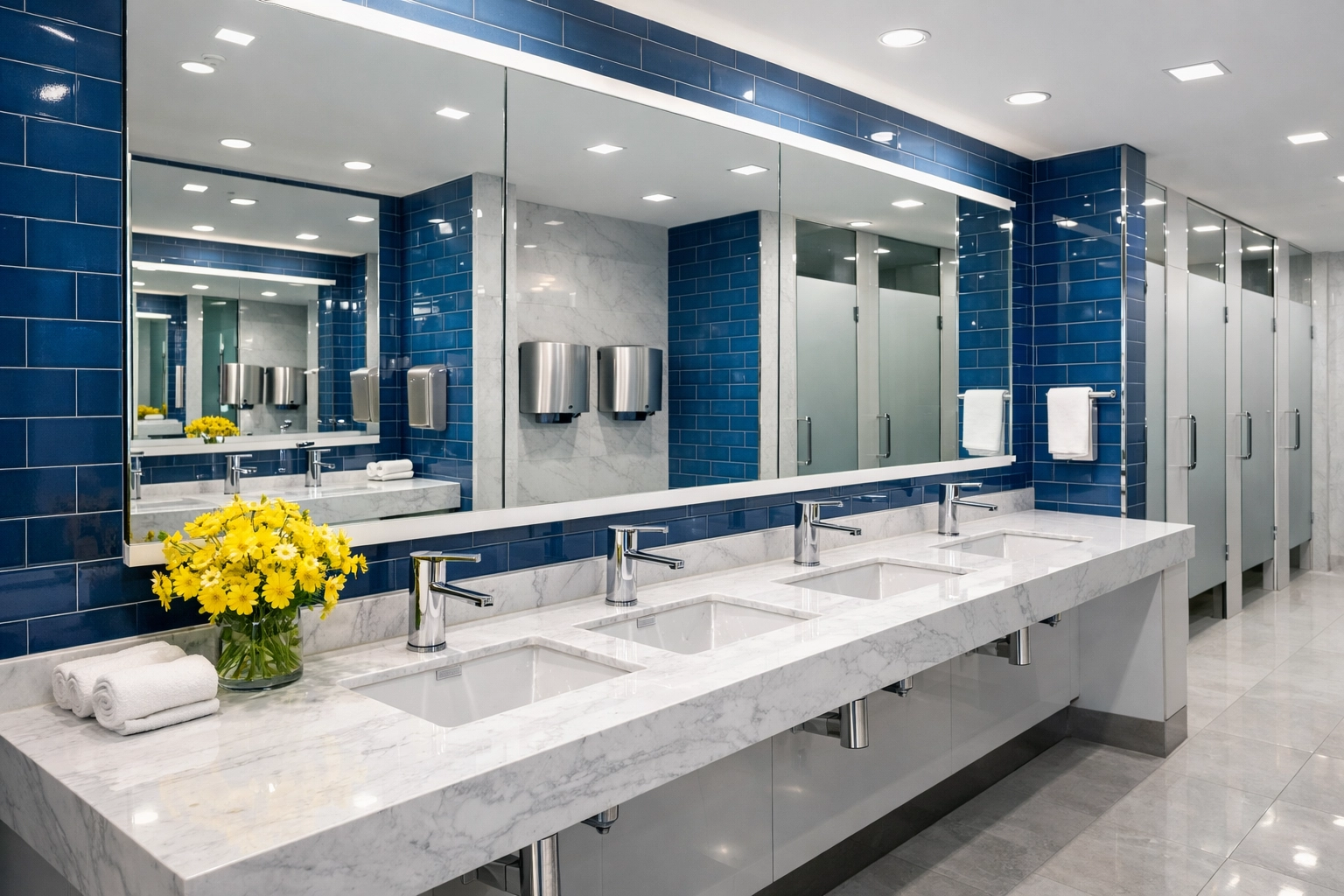 Spotless luxury commercial restroom with marble counters and sanitized fixtures in a shopping center.