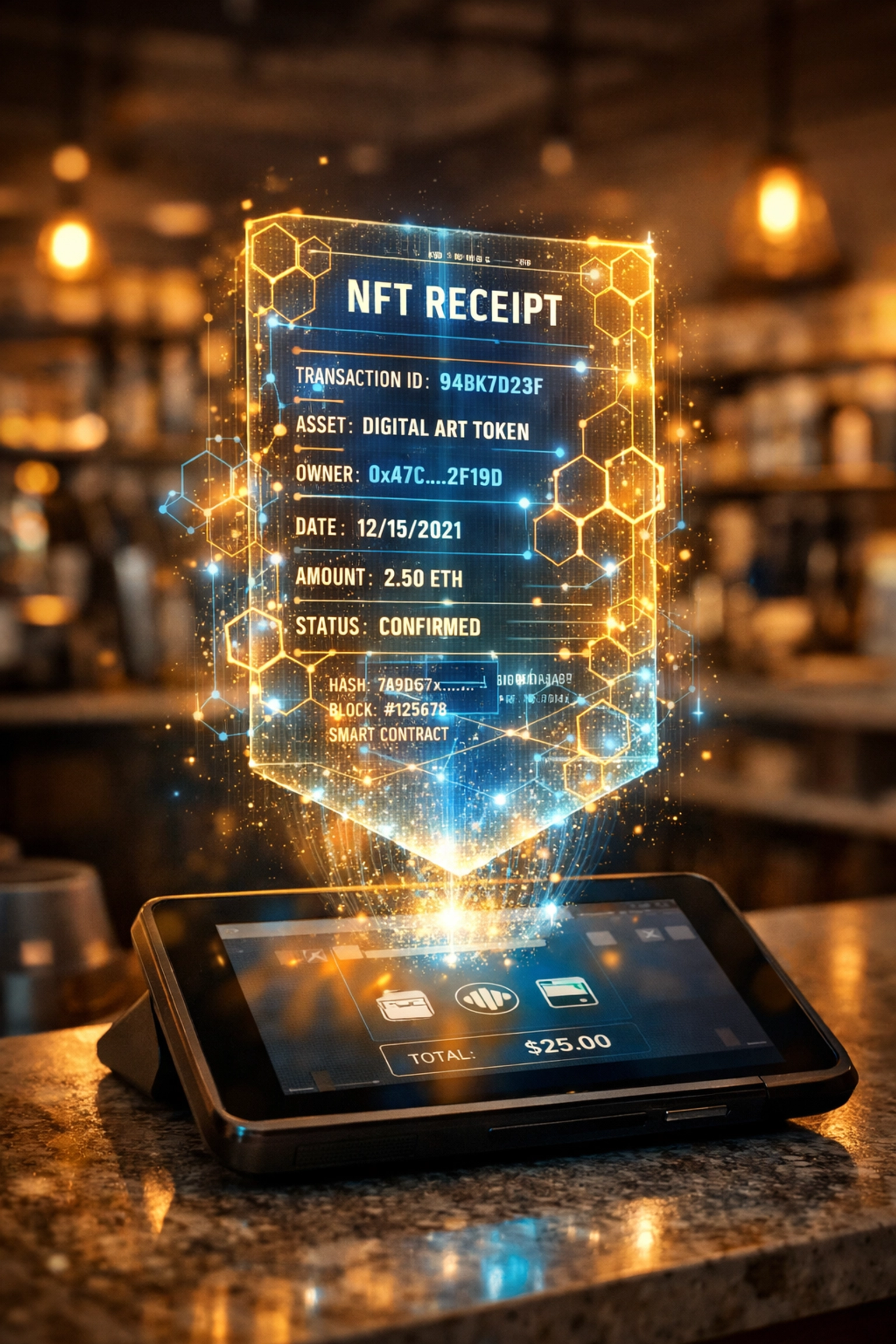 NFT blockchain receipt token displaying transaction data for merchant accounting