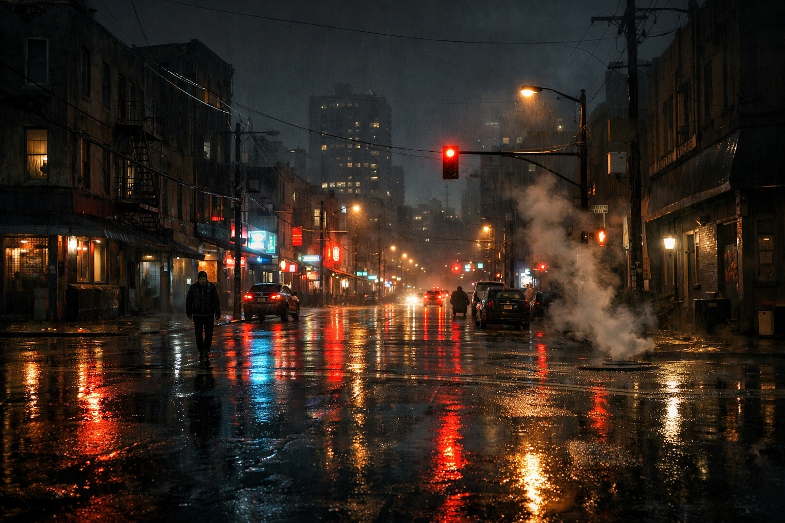 Gritty urban landscape at night—hostile world where wisdom is needed