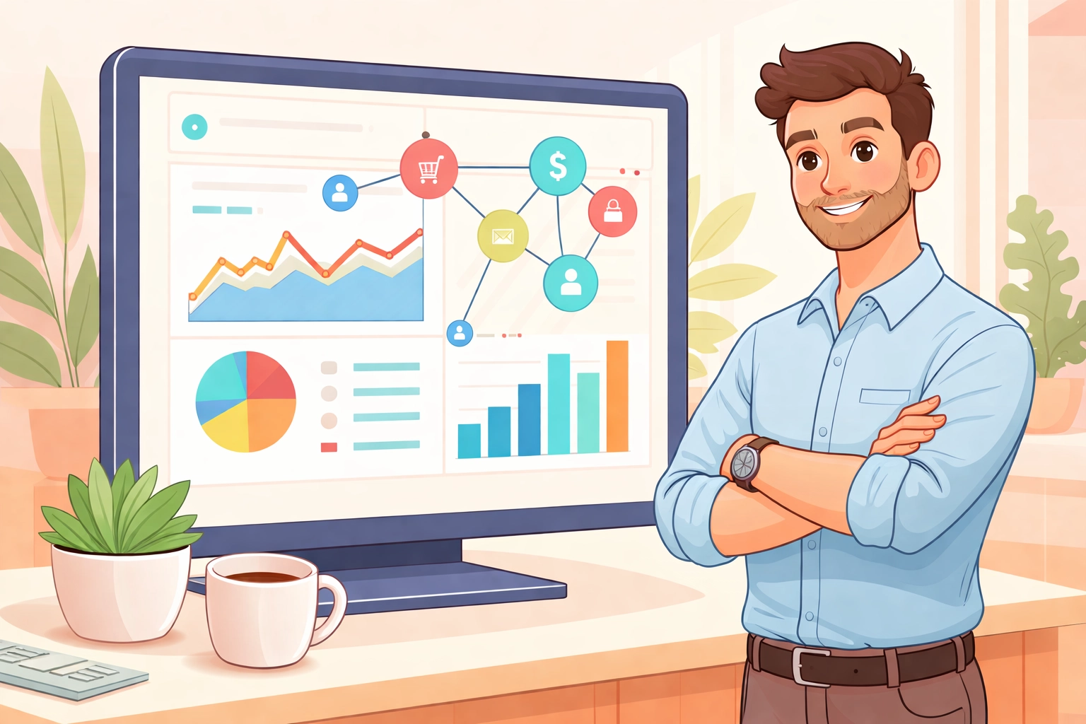 Business owner viewing unified dashboard on tablet, demonstrating simplified project, CRM, and HR management.