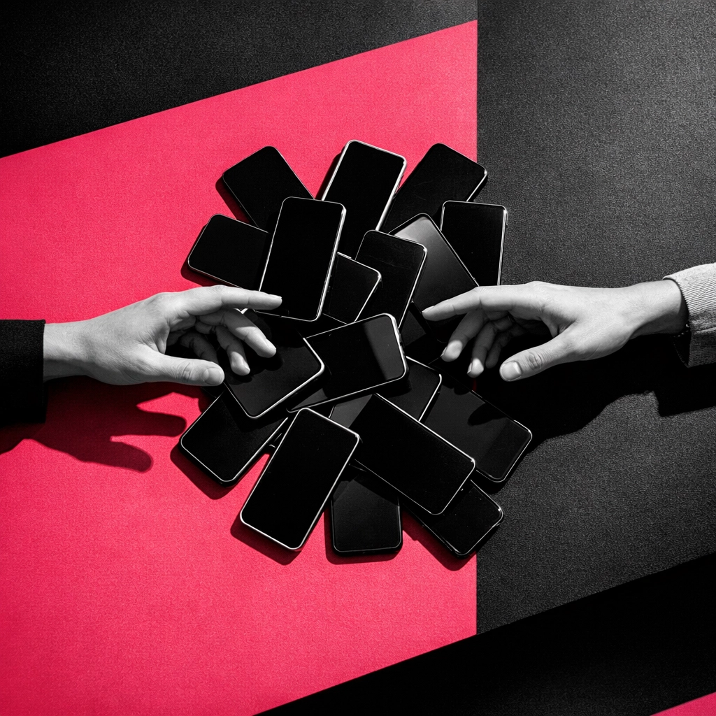 Two hands reaching toward each other across table with smartphones creating barrier to connection