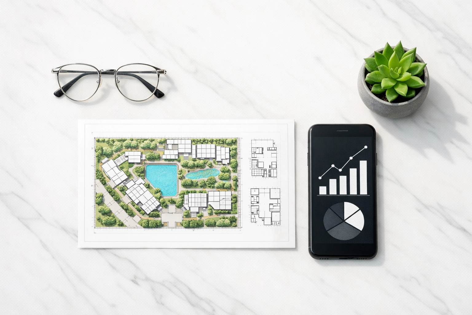 Organized workspace with blueprints and data charts, illustrating a balanced 40/30/30 investment model strategy.