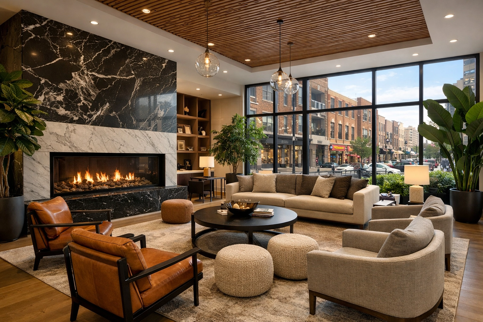 Clean luxury multi-family resident lounge in the Midwest showcasing professional common area maintenance.