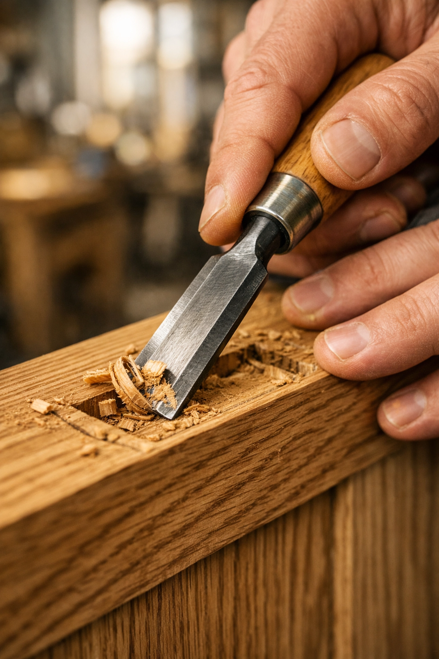 Carpenter door hinge recess work Carpenter cutting a door hinge recess into solid oak with a chisel