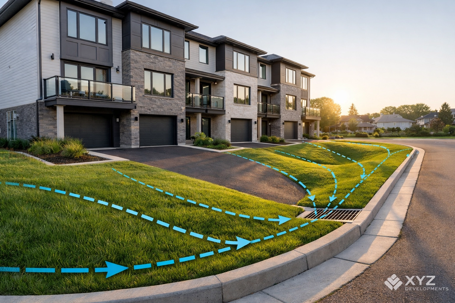 Finished Ontario 4-plex featuring professional site grading and effective stormwater management swales.