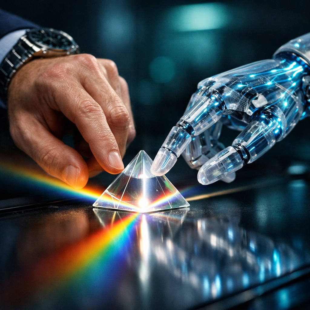 Human and AI hands working together to illustrate the partnership of artificial intelligence in a modern CRM system.