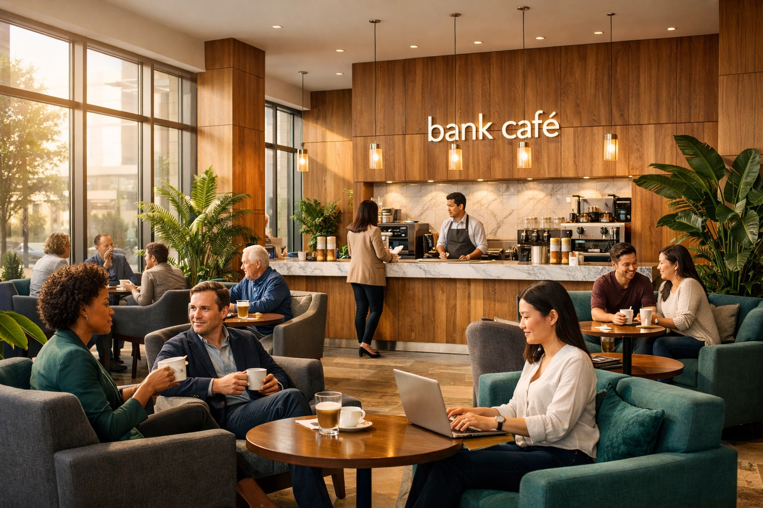 Modern hybrid bank café interior showing personal finance trends for 2026.