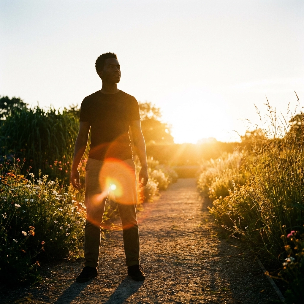 Person on a sunlit park path, looking forward with confidence, illustrating strength after domestic abuse