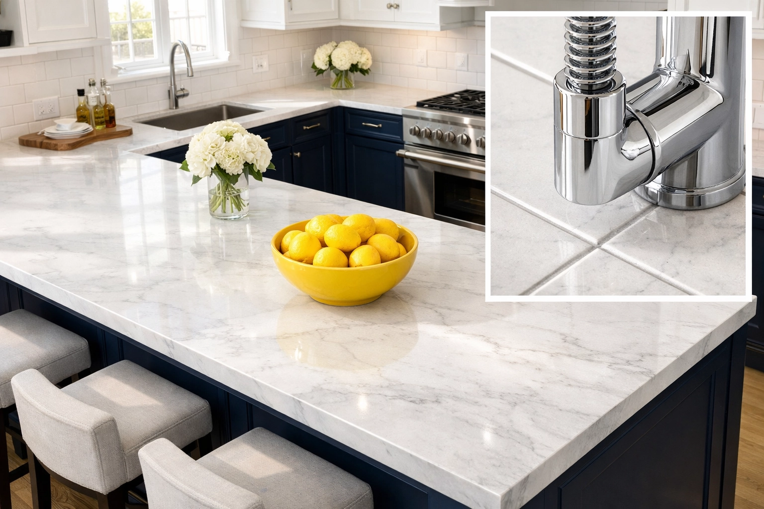 Luxury kitchen island showcasing deep cleaning MA results on white marble and chrome fixtures.