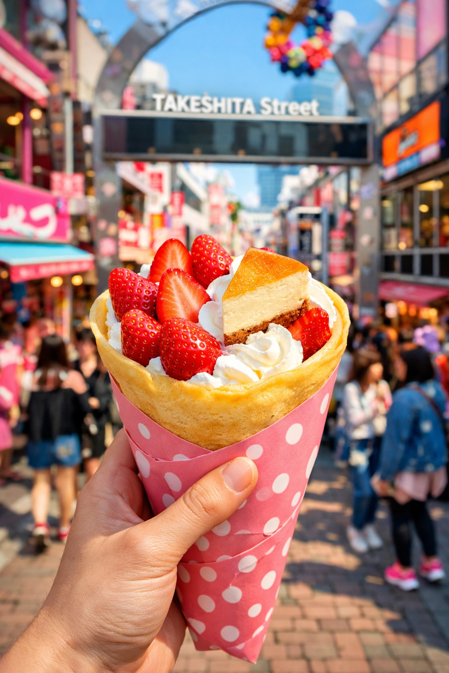 Vibrant Japanese street food crepe on Takeshita Street, a must-eat in Harajuku, Tokyo.