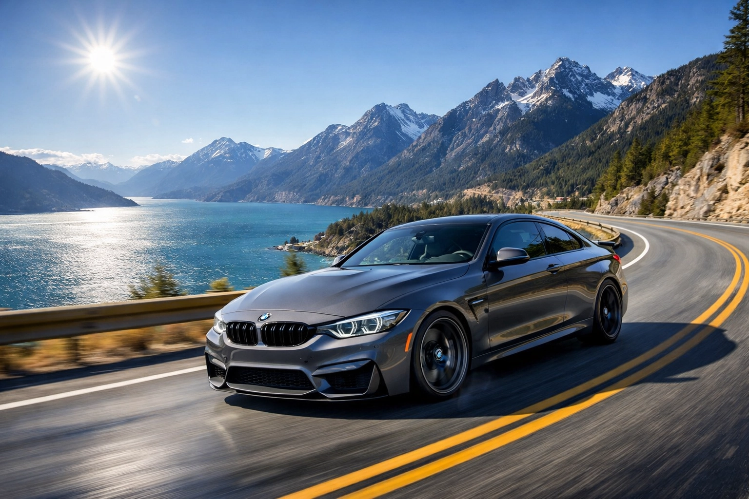 A performance-tuned BMW driving through the Sea-to-Sky Highway mountain curves near Vancouver.