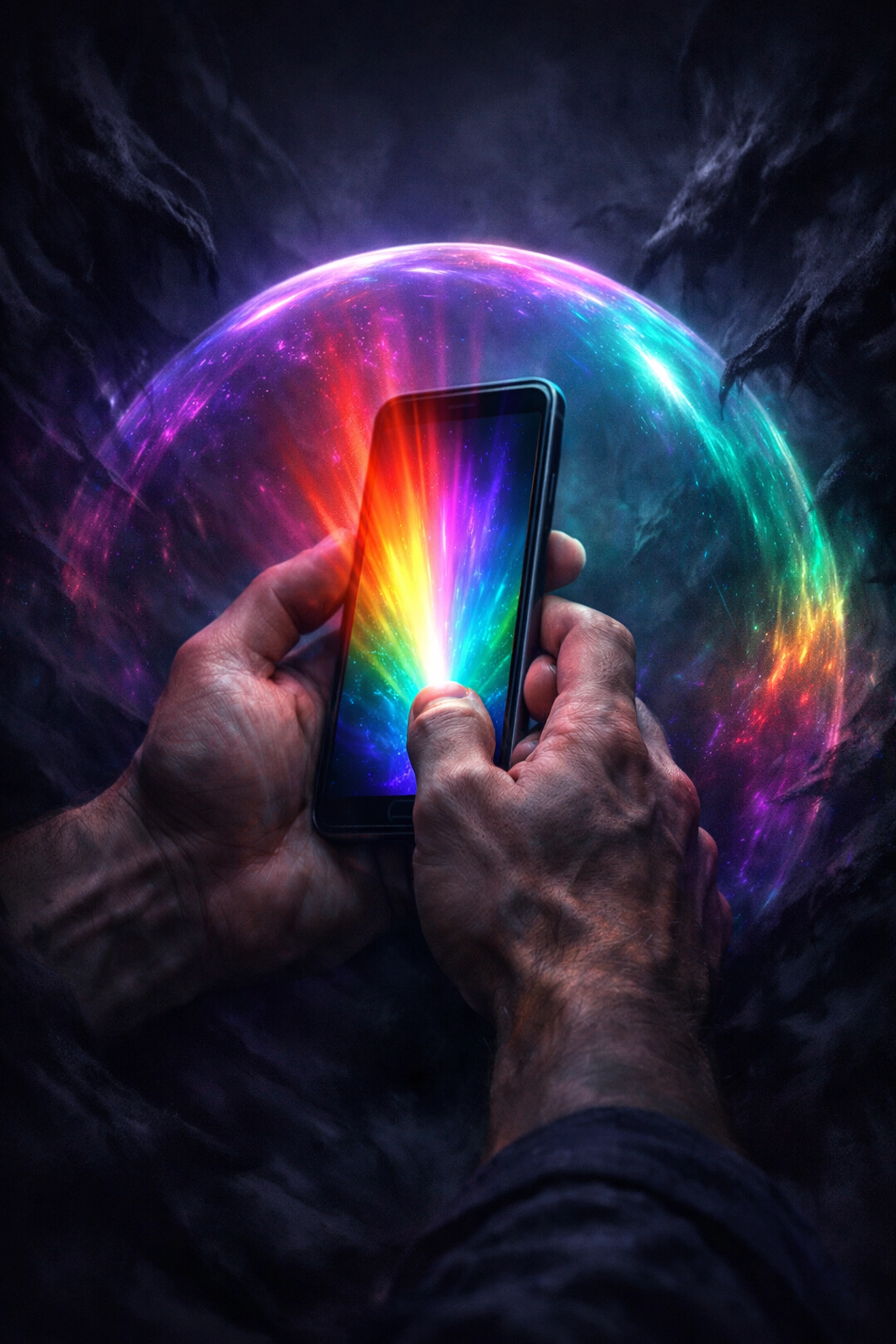 Masculine hands holding a smartphone emitting a rainbow light shield, representing a digital lifeline.