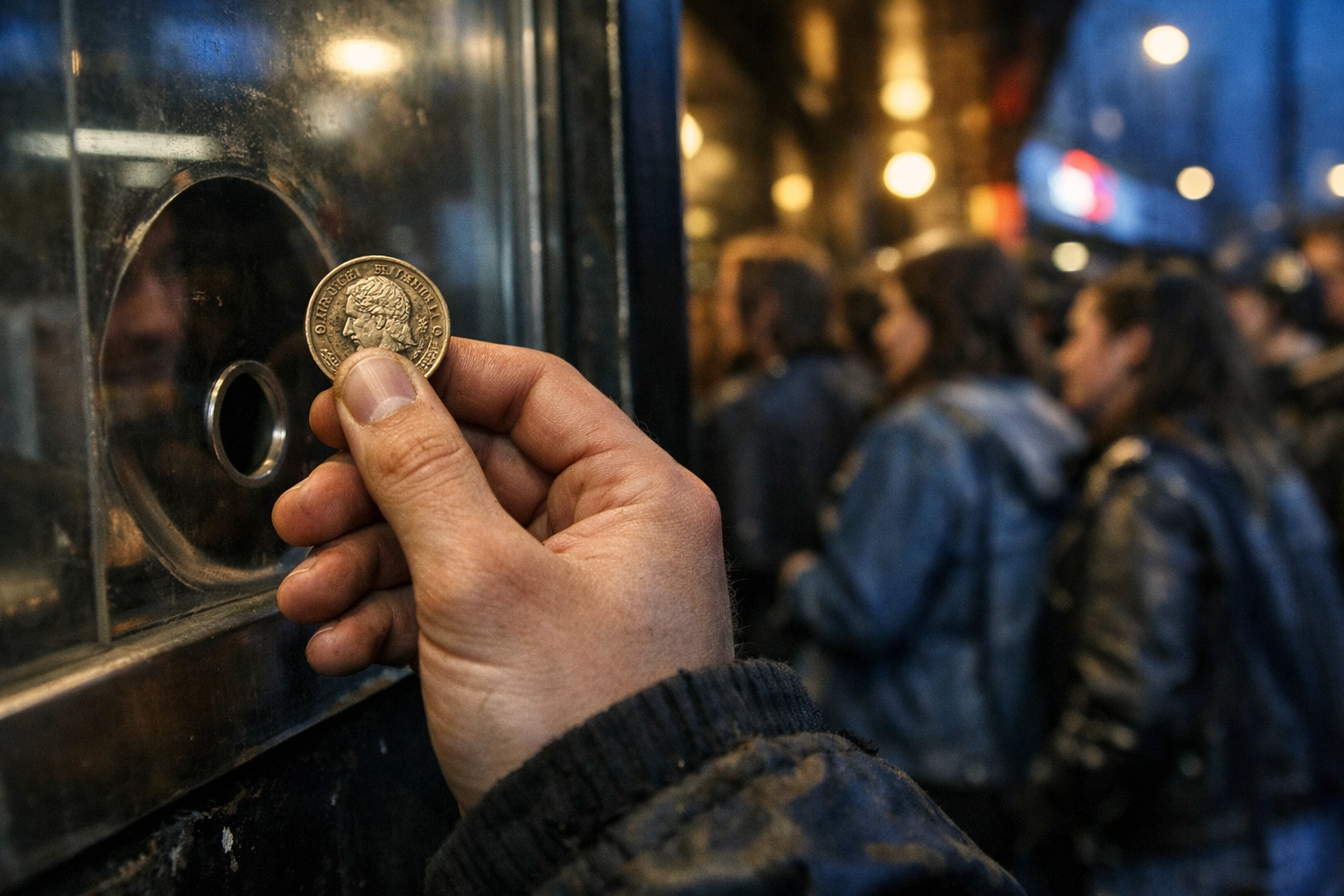 Fan holding a pound coin at a Brixton concert box office for a £1 indie music show.