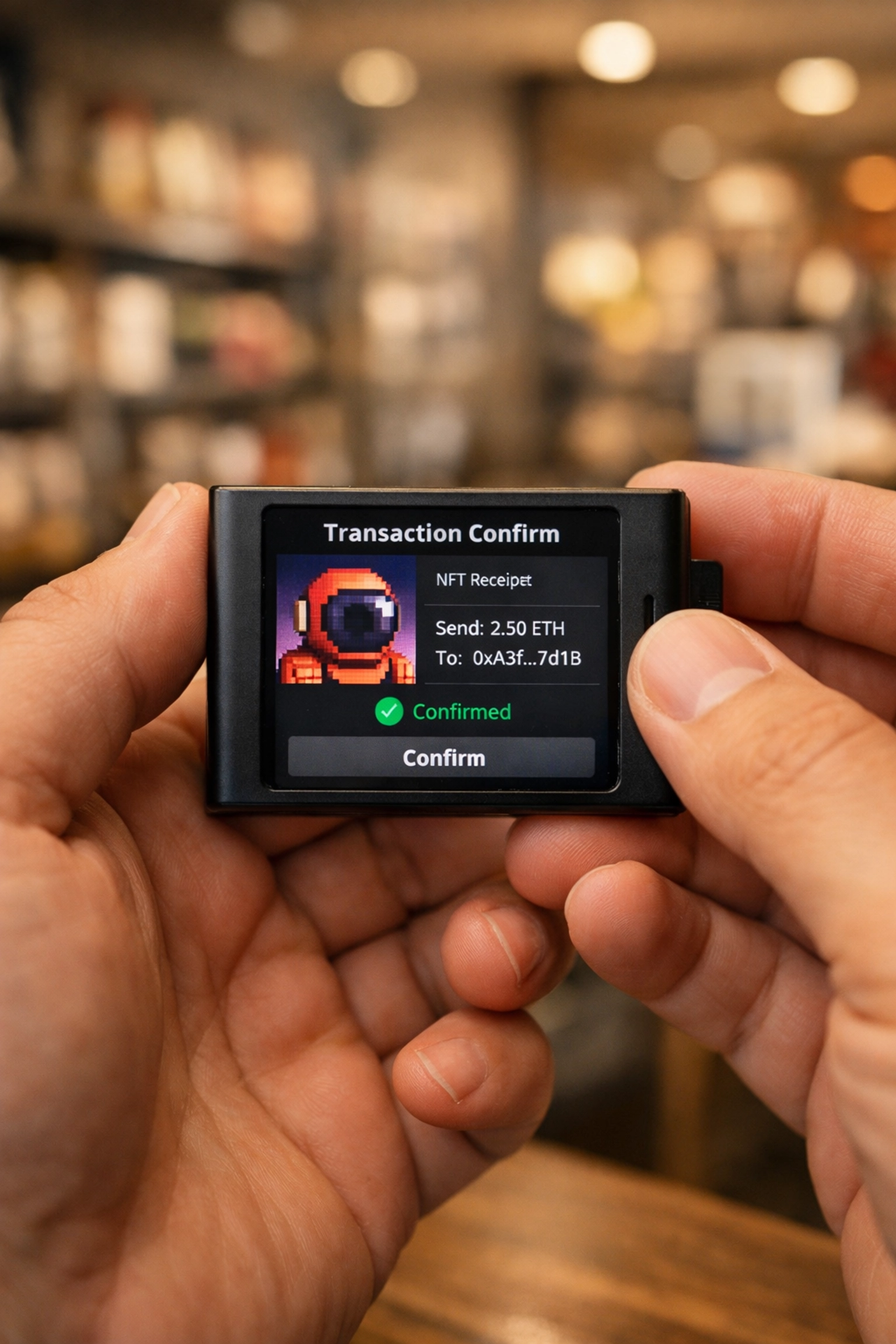 Merchant holding hardware wallet for secure self-custody crypto payment processing