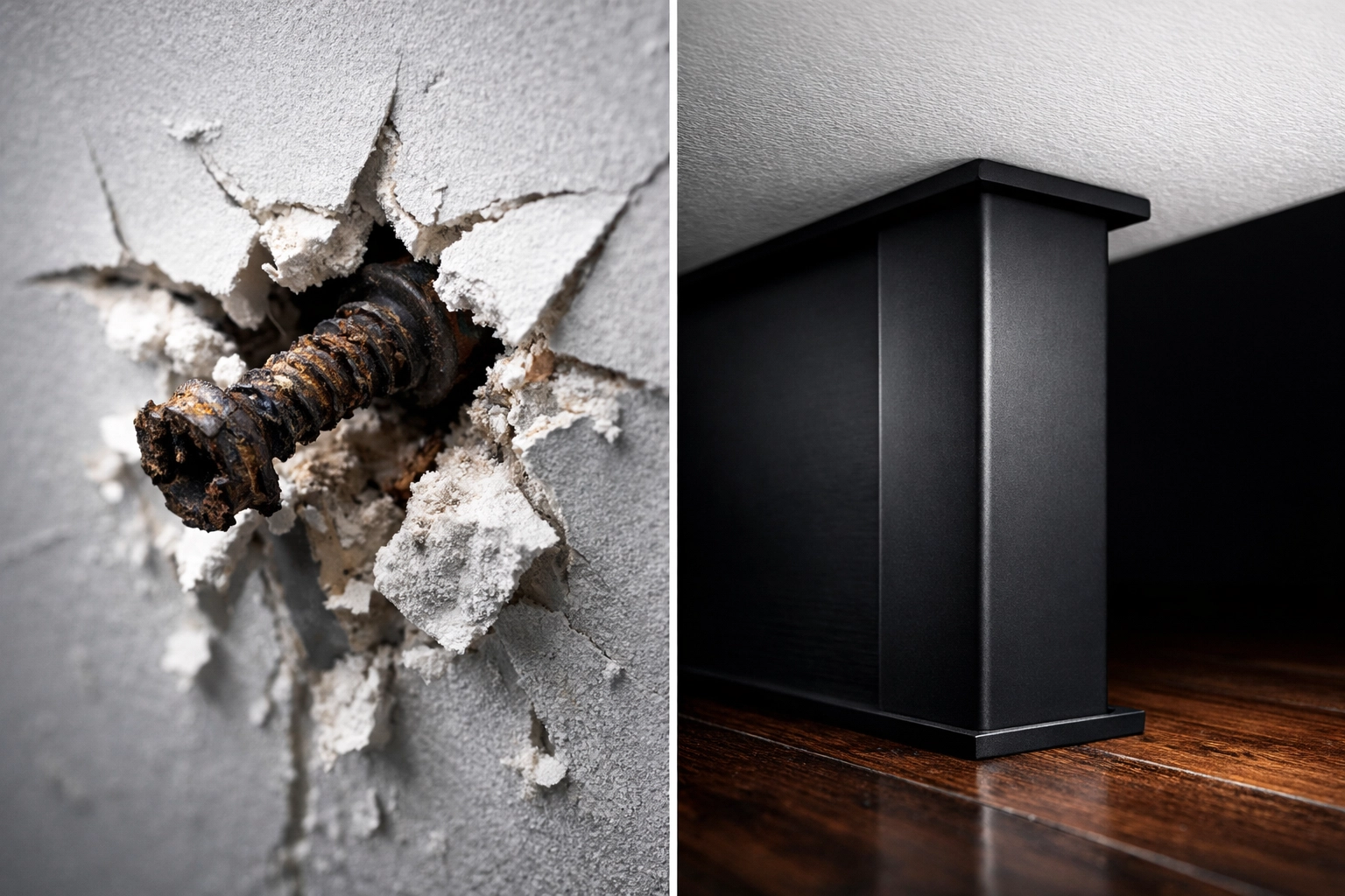 Comparison of broken drywall versus a stable floor to ceiling gym rail for a no wall damage workout system.