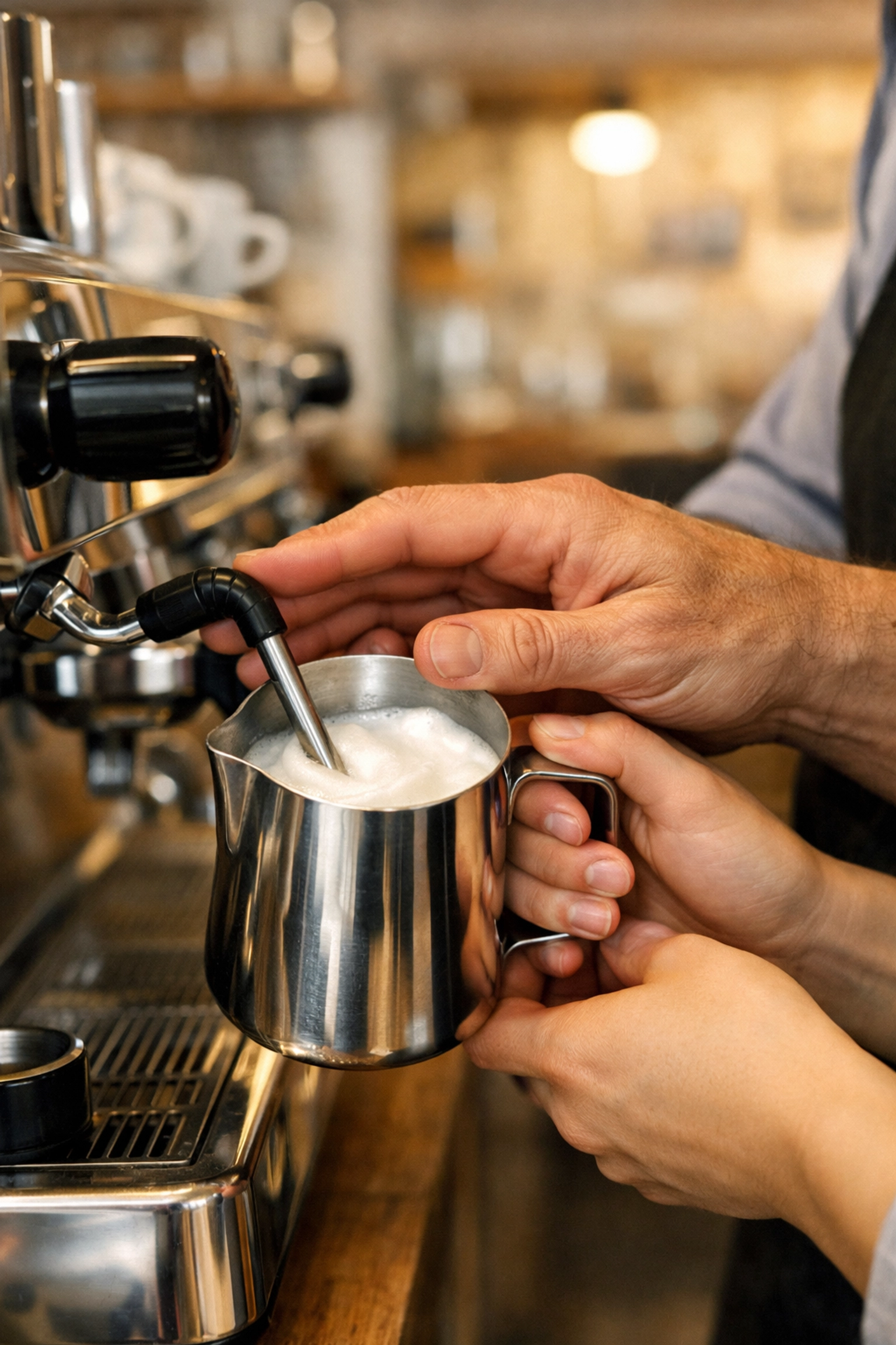 Barista training session showing professional milk steaming techniques from a wholesale coffee partner.