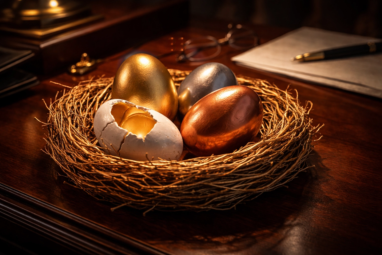 Nest with diverse colored eggs symbolizing a balanced portfolio diversification strategy for investors